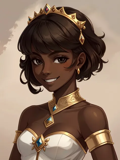 Masterpiece, best quality, high-res, extremely detailed, 1 girl, (dark brown skin tone:1.2), black eyes, smiling, princess, short bob, face cut