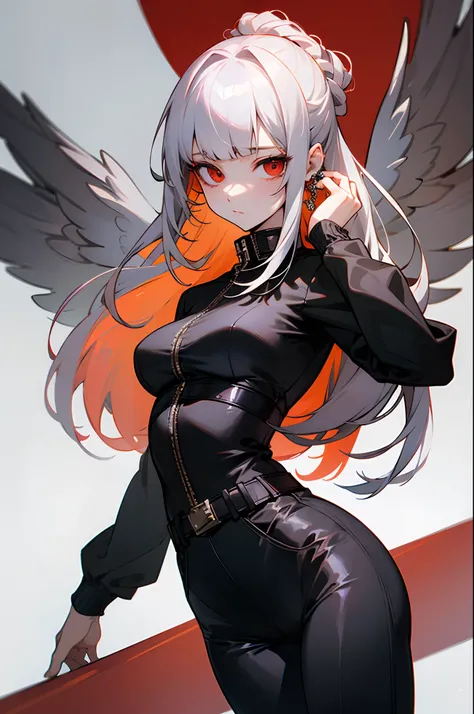 masterpiece,(bestquality),highlydetailed,ultra-detailed, pale hair:red eyes:1.5, expressionless, (Wing-like bangs), (Noticeable dullness)，Dull hair，(heavymetal:1.2), (metaljewelry), cross-lacedfootwear, (tight-fitting jacket), (tight-fitting pants), (belt)...