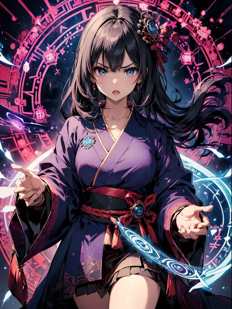 1 girl , (casting a spell) ,(((blue Magic Circle))) , character focus, (portrait) ,(front),serious face,open mouth, black long hair , Kanzashi , Japanese clothing ,high resolution,(incredibly absurdres), (hires.fix:1.3),anime visual,extremely detailed CG u...