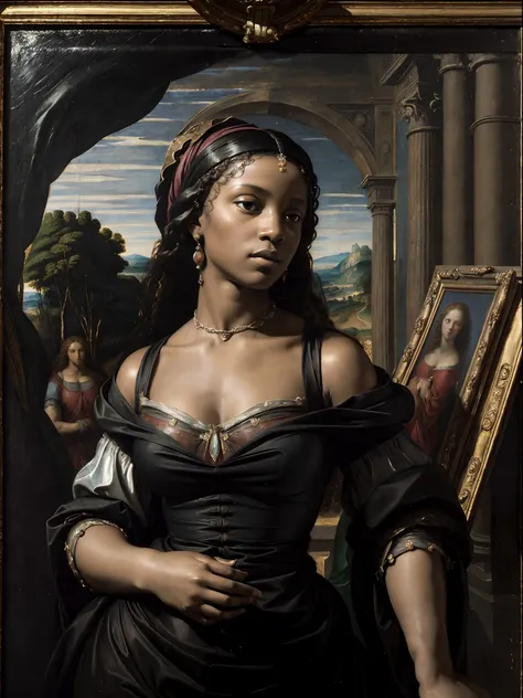 (Renaissance oil painting of a beautiful black woman:1.3), best quality, masterpiece, expressive, thrilling, 256k, epic, crepuscular lights, (by Michelangelo, by Rafael, by Rubens:1.2), chiaroscuro, best quality, masterpiece, (best hands)