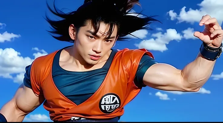 asian man, black hair, orange shirt with blue edges, muscular