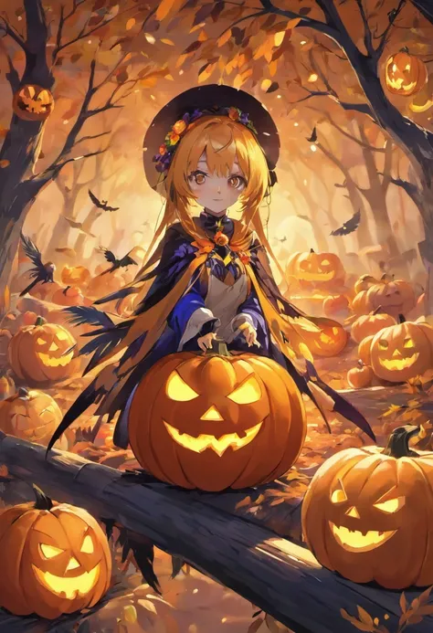 Best Quality,4K,8K,hight resolution, jack-o-lanterns、Spooky Halloween Garden Parrots and Jack-o-Lanterns, Surrounded by bright autumn leaves. The garden is full of eerie lighting, Cast shadows on the carved face of a pumpkin, Create an eerie yet captivatin...