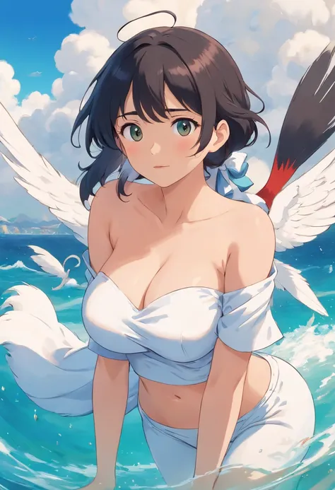 one-girl，cropped shoulders，Huge breasts，Particularly large breasts，Off-the-shoulder attire，，cleavage，Open navel，Upper body photo，Black color hair，upon the clouds，white  clothes，比基尼，swim wears，sandbeach，the sea，Close-up shot