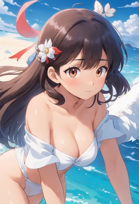 one-girl，cropped shoulders，Huge breasts，Particularly large breasts，Off-the-shoulder attire，，cleavage，Open navel，Upper body photo，Black color hair，upon the clouds，white  clothes，比基尼，swim wears，sandbeach，the sea，Close-up shot