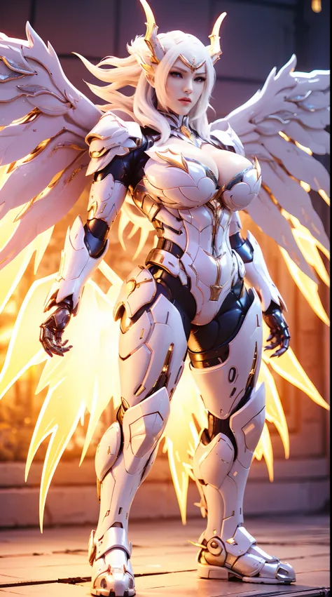 (DRAGON HEAD), HUGE FAKE BOOBS, (BEAUTIFUL FACE), (WHITE HAIR), (WHITE:1.2, GOLD:0.8, MECHA ARMORED GEAR), (((A PAIR OF  HUGE MECHANICAL WINGS SPREAD OUT))), FUTURISTIC DRAGON MECHA SUIT, (CLEAVAGE), (SKINTIGHT YOGA PANTS), (PERFECT BODY:1.2), (FULL BODY V...