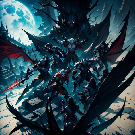 Castlevania Shadow Lord hyper realistic super detailed Lord Dracula handsome muscular wearing angry Islamic armor leading troops armed with demons into battle 3points perspective view bottom shot hyper realistic super detailed Dynamic shot Cinematic scenes...