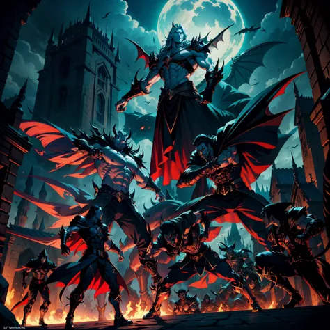 Castlevania Shadow Lord hyper realistic super detailed Lord Dracula handsome muscular wearing angry Islamic armor leading troops armed with demons into battle 3points perspective view bottom shot hyper realistic super detailed Dynamic shot Cinematic scenes...