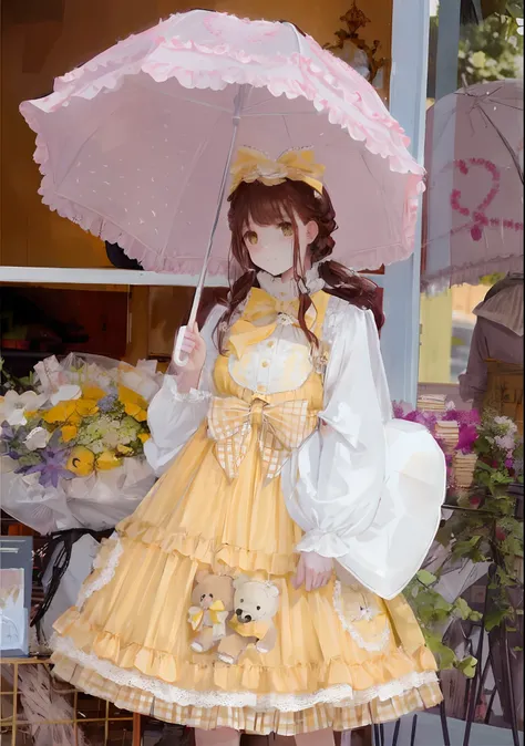 araffe girl in a yellow dress holding an umbrella and a teddy bear, brown hair, hair bow,  lolita style, lolita fashion, wearing wheat yellow gauze, portrait of magical lolita girl, kawaii style, loli, fairycore, dreamy style, victorian gothic lolita fashi...