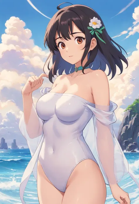 one-girl，cropped shoulders，Huge breasts，Particularly large breasts，Off-the-shoulder attire，，cleavage，Open navel，Upper body photo，Black color hair，upon the clouds，white  clothes，比基尼，swim wears，sandbeach，the sea，Close-up shot