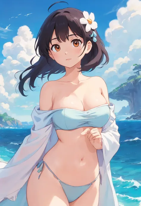 one-girl，cropped shoulders，Huge breasts，Particularly large breasts，Off-the-shoulder attire，，cleavage，Open navel，Upper body photo，Black color hair，upon the clouds，white  clothes，比基尼，swim wears，sandbeach，the sea，Close-up shot