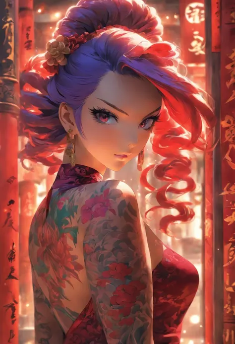 Anime women, red pupils, big breasts, wife-like, long purple hair, cheongsam, gloves, tattoos