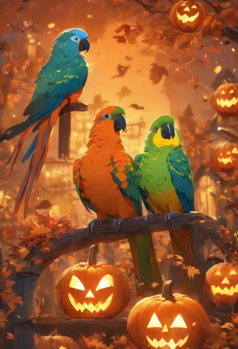 Best Quality,4K, jack-o-lanterns、Spooky Halloween Garden Parrots and Jack-o-Lanterns, Surrounded by bright autumn leaves. The garden is full of eerie lighting, Cast shadows on the carved face of a pumpkin, Create an eerie yet captivating atmosphere. Jack-o...