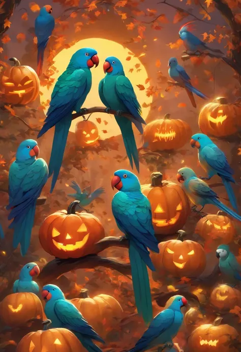 Best Quality,4K, jack-o-lanterns、Spooky Halloween Garden Parrots and Jack-o-Lanterns, Surrounded by bright autumn leaves. The garden is full of eerie lighting, Cast shadows on the carved face of a pumpkin, Create an eerie yet captivating atmosphere. Jack-o...