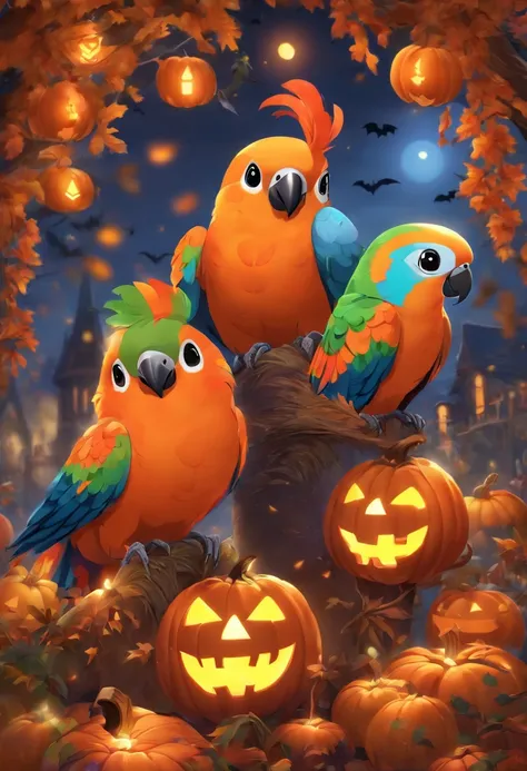 Best Quality,4K, jack-o-lanterns、Spooky Halloween Garden Parrots and Jack-o-Lanterns, Surrounded by bright autumn leaves. The garden is full of eerie lighting, Cast shadows on the carved face of a pumpkin, Create an eerie yet captivating atmosphere. Jack-o...