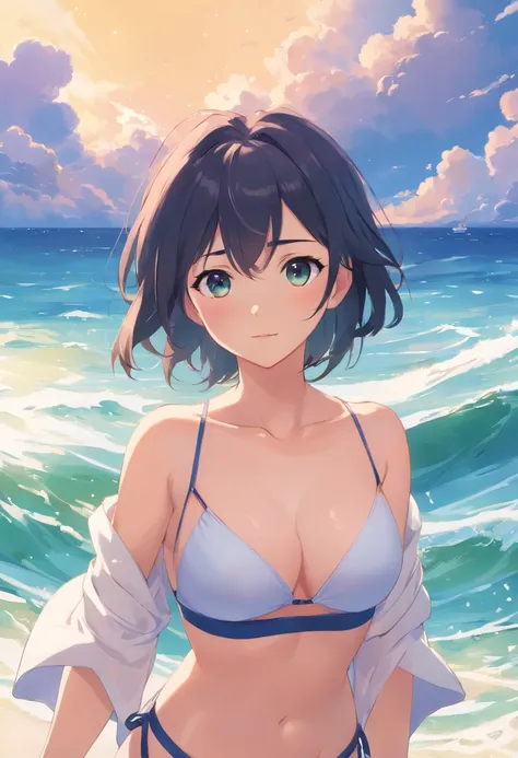 one-girl，cropped shoulders，Huge breasts，Particularly large breasts，Off-the-shoulder attire，，cleavage，Open navel，Upper body photo，Black color hair，upon the clouds，white  clothes，比基尼，swim wears，sandbeach，the sea，Close-up shot