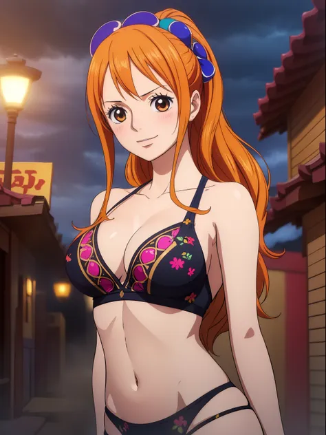 nami from one piece,very light orange and yellowish haired girl,beautiful brown eyes, blushing cheeks,in a clouds in the sky smi...