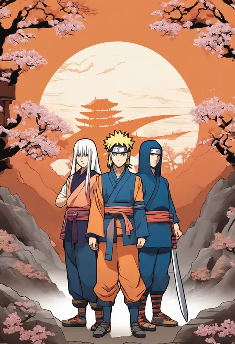 Craft a family image template inspired by Naruto. Depict the family members as shinobi from the Hidden Leaf Village, dressed in ninja attire. Create a scene set against the villages serene landscapes, with cherry blossoms in the background. Arrange the fam...