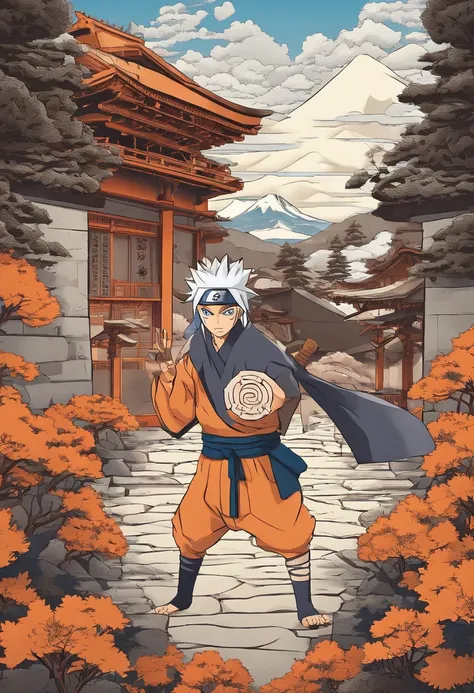 Craft a family image template inspired by Naruto. Depict the family members as shinobi from the Hidden Leaf Village, dressed in ninja attire. Create a scene set against the villages serene landscapes, with cherry blossoms in the background. Arrange the fam...