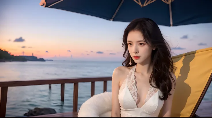 Realiy，8K，超高分辨率，Front light，rays of sunshine，suns，photographed，(the sea，sandbeach，visitor，beach umbrella，deck chair，Iot，sea shell，Kayaking，baiyun:1.2)，cotton candy， Female celebrities，long whitr hair，shift dresses，（Jump up，Fly in the air）Hair_decorations, ...