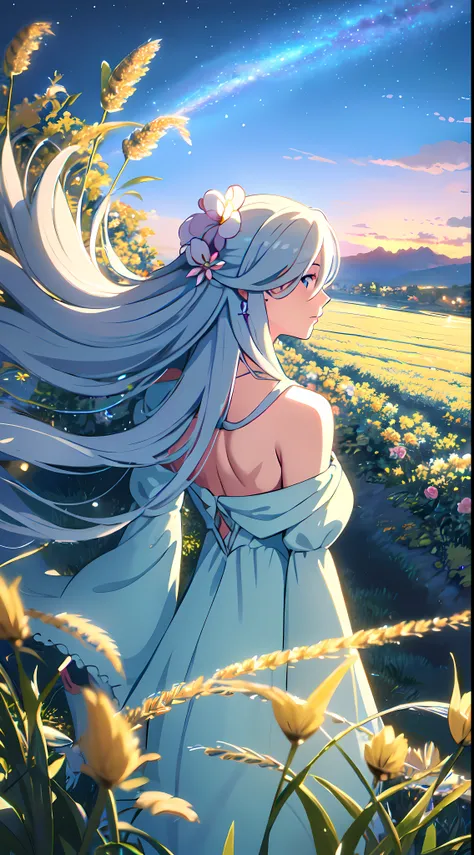 masterpiece, best quality, 1lady, solo, really long hair, white hair, blowing hair, (flowers hair ornament), light blue eyes, necklace, earrings, night, Vast sky, beautiful skyline, fireflies, fantasy, off shoulder blue dress, night scenery, behind view, b...