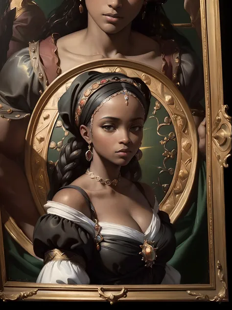 (Renaissance oil painting of a beautiful black woman:1.3), best quality, masterpiece, expressive, thrilling, 256k, epic, crepuscular lights, (by Michelangelo, by Rafael, by Rubens:1.2), chiaroscuro, best quality, masterpiece, (best hands)