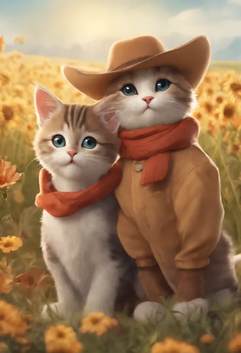 There are two cute cats, known as Cowboy Cats, cute kittens, two-headed cats, kittens, Cats, CatsCatsCat, and cute cats. They are sitting together in a field, dressed in farm clothes. They are cute in the style of 🍁 and 🍂, and are the cutest. They are know...