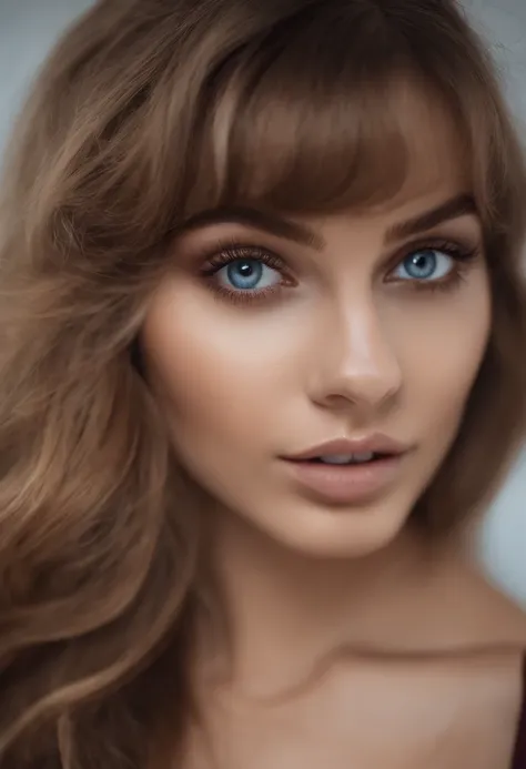 Arafed pleine femme, fille sexy aux yeux bleus, , ultra realist, Meticulously detailed, portrait de Sophie Mudd, cheveux blonds et grands yeux, selfie of a young woman, Yeux de chambre, Violet Myers, pas de maquillage, maquillage naturel, looking straight ...