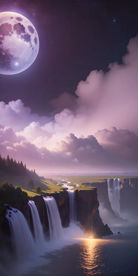 Fantasy landscape, Purple Sky,Blue sky, Pink sky, fullmoon, cascading waterfalls, Water mist, Fog, High cliffs, surrealism, high detailing, depth of fields, Cinematic lighting, Motion Blur, Glowing light, Ray tracing, reflective light, Backlighting, blendi...