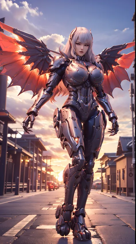 (DRAGON HEAD), HUGE FAKE BOOBS, (BEAUTIFUL FACE), (WHITE HAIR), (RED:1.2, BLACK:0.8, MECHA ARMORED GEAR), (((A PAIR OF  HUGE MECHANICAL WINGS SPREAD OUT))), FUTURISTIC DRAGON MECHA SUIT, (CLEAVAGE), (SKINTIGHT YOGA PANTS), (PERFECT BODY:1.2), (FULL BODY VI...