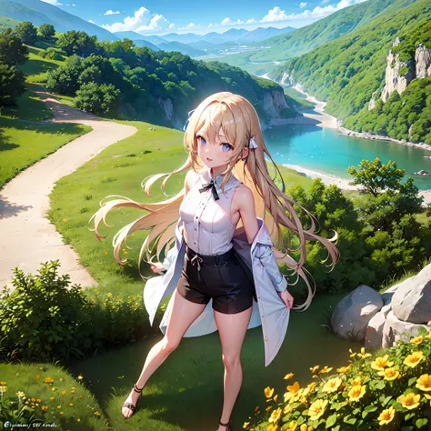 1girl, blonde hair, straight hair, on the mountain, Beautiful view, Ultra Detailed, Ultra-Detailed CG, Summer Clothing, Sunlight, Standing, small breasts, pale skin, Shorts, detailed background