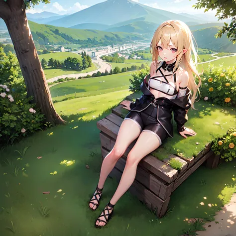 1girl, blonde hair, straight hair, on the mountain, Beautiful view, Ultra Detailed, Ultra-Detailed CG, Summer Clothing, Sunlight, Standing, small breasts, pale skin, Shorts, detailed background