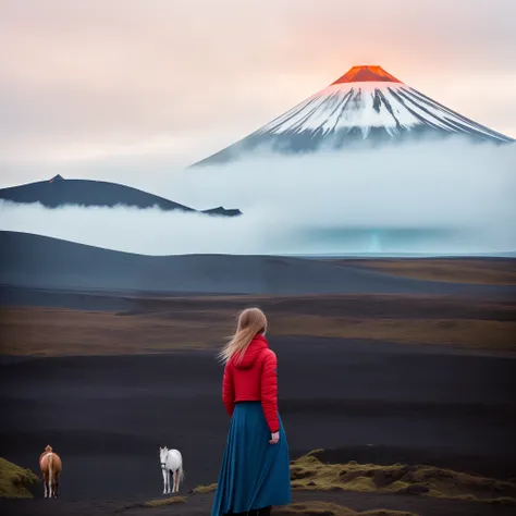 There was a woman standing in the field with a horse, in volcano, iceland photography, Louisa Matthiasdotil, iceland, in volcano, In the volcano, standing close to volcano, aenami alena, Tumblr, inspired by Louisa Matthíasdóttir, author：Lucia Pecca, lost i...