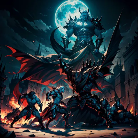 Castlevania Shadow Lord hyper realistic super detailed Lord Dracula handsome muscular wearing angry Islamic armor leading troops armed with demons into battle 3points perspective view bottom shot hyper realistic super detailed Dynamic shot Cinematic scenes...