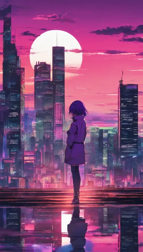 Close-up of the city with neon sunset in the background, Synthwave City, vaporwave city, Synthwave aesthetics, Neon City in the background, Background of Neo Tokyo, Neon metropolis in the background, Futuristic urban background, cyberpunk aesthetics, The c...