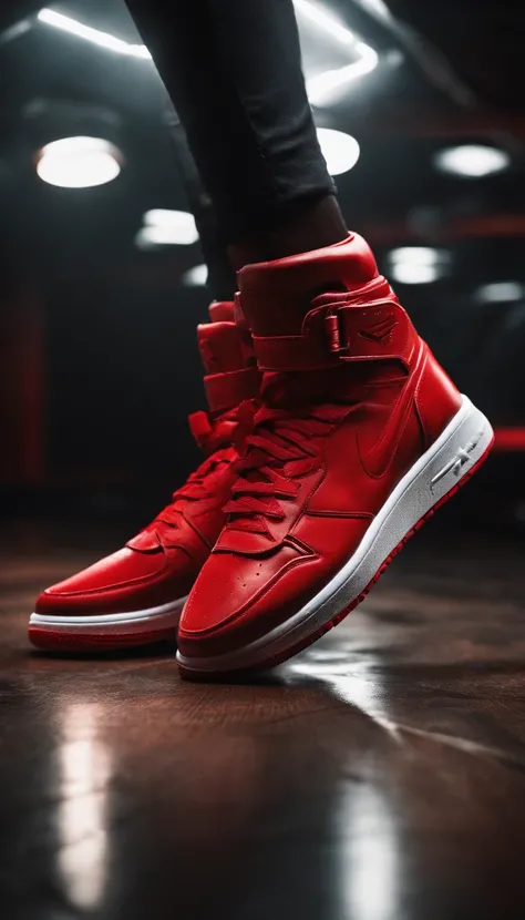 "(Product photography:1.2) showcasing a (1.1x vibrant red) not a pair sneaker with a (1.1x sleek cyberpunk) aesthetic."