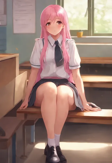 One long hair, girl in school uniform, miniskirt, pink hair, looking away, sitting, embarrassed, blushing, crying, mouth closed, classroom (girl leaking pee)