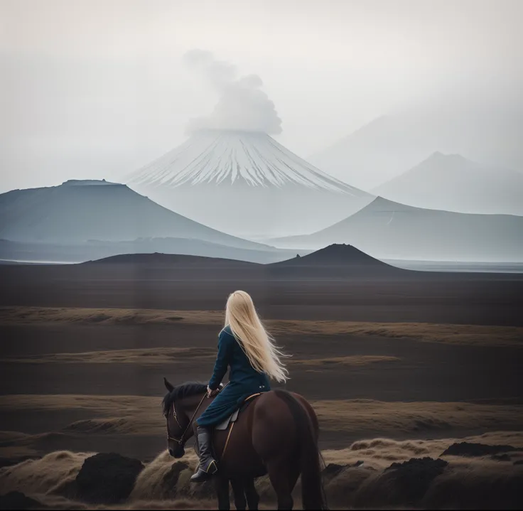 There was a woman standing in the field with a horse, in volcano, iceland photography, Louisa Matthiasdotil, iceland, in volcano, In the volcano, standing close to volcano, aenami alena, Tumblr, inspired by Louisa Matthíasdóttir, author：Lucia Pecca, lost i...