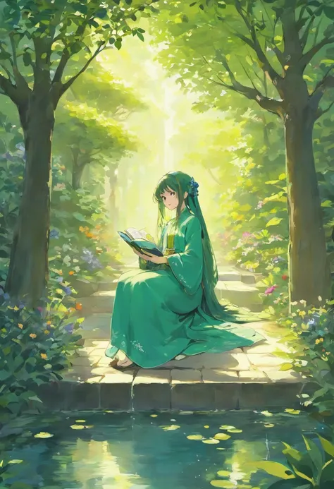 A young Persian woman wears a flowing green gamis abaya and hijab, sits in a quiet courtyard  beside a persian garden pond , reading a book. Sunlight shines through the branches of a tree, casting dappled shadows on her face,  . Her gamis abaya is embroide...