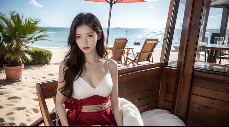 Realiy，8K，超高分辨率，Front light，rays of sunshine，suns，photographed，(the sea，sandbeach，visitor，deck chair，Iot，sea shell，Kayaking，baiyun:1.2)，cotton candy， Female celebrities，long whitr hair，shift dresses，（Jump up，Fly in the air）Hair_decorations, (Solo,solo pers...