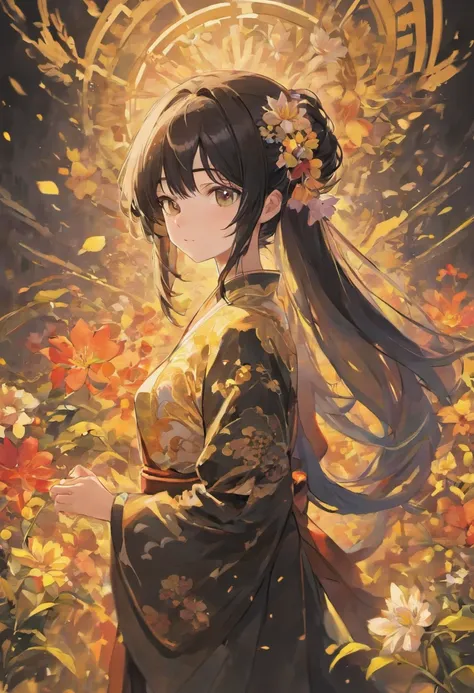 masterpiece, top quality, ultra resolution, ultra detailed, 1girl, black long hair, ponytail, perfect face, ultra detailed face, short height, white hanfu, flowers background, hand behind back pose