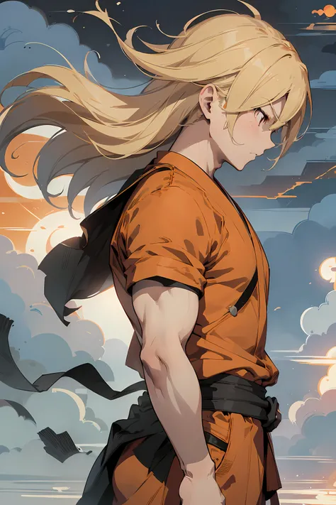 {(side view)}, serious expression, holding fireball, blonde hair, high detail 8k CGI, (inksplash art: 1.5), red sun background, flat background, muscular build, bulky form, ripped physique, (face detail: Goku), pure, sad, orange samurai uniform armor, feud...