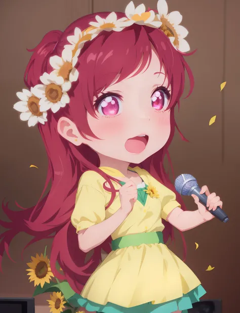 cartoon girl with microphone and flowers in her hair, chibi, marin kitagawa fanart, cheeryblossom, performing on stage, kda, fanart, inspired by Hirosada II, official fanart, official artwork, rin, beautiful sunflower anime girl, [[[[grinning evily]]]], cu...