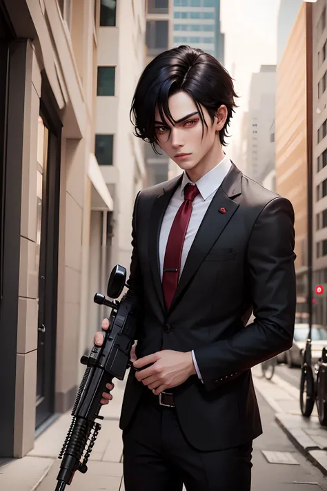 red eye black hair boy holding sniper wearing business suit