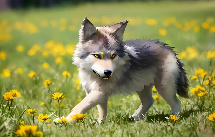 there is a wolf that is walking through the grass with yellow flowers, photo of wolf, wolves and their treasures, furry wolf, angiewolf, he has yellow wolf eyes, wolf companion, wolp, goldenwolf, wolves, wolf, hand, husky, correct wolf muzzle, well focused...