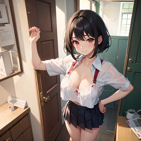 Little sister, cute bra, 8K, best quality, 16 years old, smile, looking at camera, red cheeks, (school uniform), embarrassed, delicate hands, at home, love my brother, clear liquid leaking from crotch, black hair, bob hair, bog hair, showing off breasts, t...