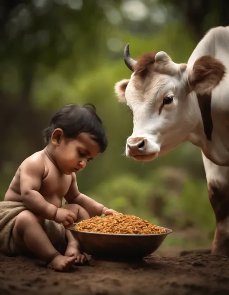 Baby Mahadev with cow, Copy the art style with background, 8k, Cinematography, photorealistic,epic composition Unreal Engine,Cinematic, Color Grading, Portrait Photography,Ultra-Wide Angle, Depth of Field, hyper detailed.Capture the thrilling intensity of ...