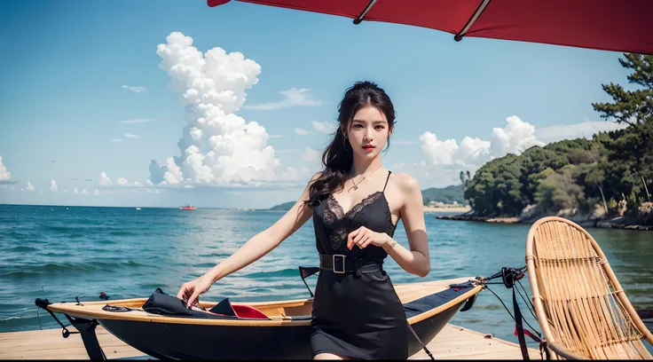 Realiy，8K，超高分辨率，Front light，rays of sunshine，suns，photographed，(the sea，sandbeach，visitor，deck chair，Iot，sea shell，Kayaking，baiyun:1.2)，cotton candy， Female celebrities，long whitr hair，shift dresses，（Jump up，Fly in the air）Hair_decorations, (Solo,solo pers...