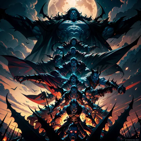 Castlevania Shadow Lord hyper realistic super detailed Lord Dracula handsome muscular wearing angry Islamic armor leading troops armed with demons into battle 3points perspective view bottom shot hyper realistic super detailed Dynamic shot Cinematic scenes...