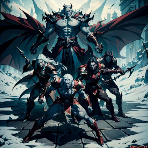 Castlevania Shadow Lord hyper realistic super detailed Lord Dracula handsome muscular wearing angry Islamic armor leading troops armed with demons into battle 3points perspective view bottom shot hyper realistic super detailed Dynamic shot Cinematic scenes...