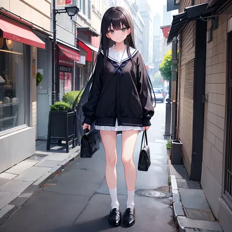 girl with、1 persons、Dark hair、The long-haired、Black eyes、stroll、a sailor suit、校服、Wagas、verdant、Cardigan、stroll、ami、A smile、laught、Daytime、Shoulder bag、a miniskirt、Leather shoes、sockes、Upper body image